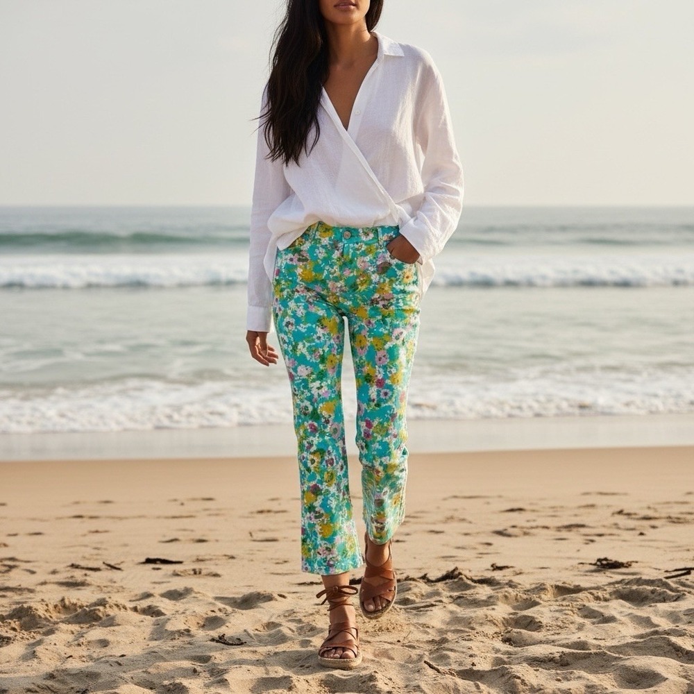 Zara Size 8 Floral Linen Blend Mini Flare Cropped Trouser Pants Spring Beachy